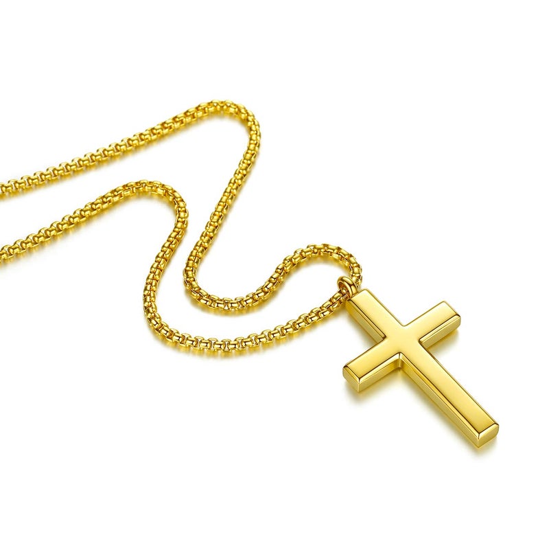 REVEMCN Simple Menâ€™s Stainless Steel Cross Pendant Chain Necklace for Men Women, 20-24 Inches Chain (20, Gold Tone - Rolo Cable Chain) - Image 2